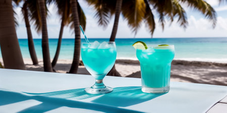 A blue cocktail in a glass on a white table against the background of a sea beach on a bright sunny day under palm trees. Generative AIの素材