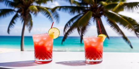 A red cocktail in a glass on a white table against the background of a sea beach on a bright sunny day under palm trees. Generative AIの素材