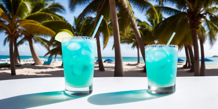 A blue cocktail in a glass on a white table against the background of a sea beach on a bright sunny day under palm trees. Generative AIの素材
