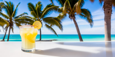 A yellow cocktail in a glass on a white table against the background of a sea beach on a bright sunny day under palm trees. Copy space for advertising text. Generative AIの素材