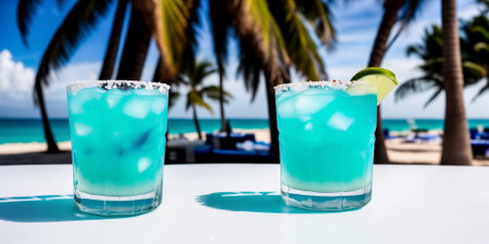 A blue cocktail in a glass on a white table against the background of a sea beach on a bright sunny day under palm trees. Generative AIの素材