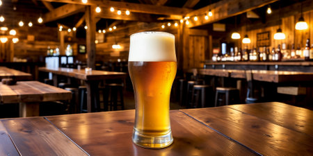 Close-up of a freshly poured glass of light beer with foam on a bar counter or wooden table against a background of a blurred country pub with dim lighting. Generative AIの素材