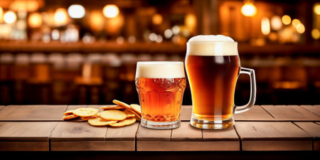 Two freshly poured glasses of light beer with foam and snacks close-up on a wooden table against a background of a blurred country pub with dim lighting. Generative AIの素材