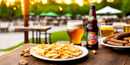 Freshly poured glass of light beer with foam and snacks, chips, nuts and sausages close-up on a wooden table against a background of a blurred country pub with dim lighting. Generative AIの素材