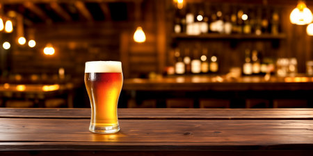 Close-up of a freshly poured glass of light beer with foam on a bar counter or wooden table against a background of a blurred country pub with dim lighting. Space for advertising text. Generative AIの素材