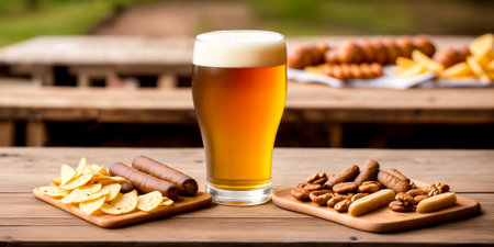 A freshly poured glass of light beer with foam and snacks, chips, nuts and sausages close-up on a wooden table in the background of a street pub or restaurant. Generative AIの素材
