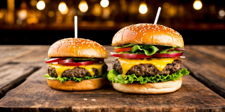 Two juicy cheeseburgers close-up on a wooden table on a kitchen board against a background of a blurred rustic restaurant with dim lighting. Generative AIの素材