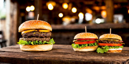 Close-up of three juicy cheeseburgers on a wooden table on a kitchen board against a background of a blurred rustic restaurant with dim lighting. Generative AIの素材