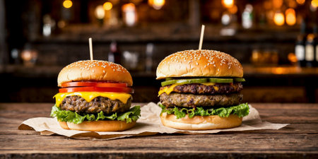 Two juicy cheeseburgers close-up on a wooden table on a kitchen board against a background of a blurred rustic restaurant with dim lighting. Generative AIの素材