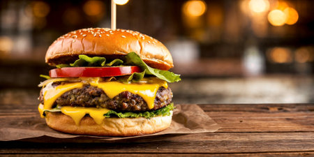 Close-up of a juicy cheeseburger on a wooden table on a kitchen board against a background of a blurred rustic restaurant with dim lighting. Copy space for advertising text. Generative AIの素材