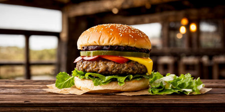 Close-up of a juicy cheeseburger on a wooden table on a kitchen board against a background of a blurred rustic restaurant with dim lighting. Generative AIの素材