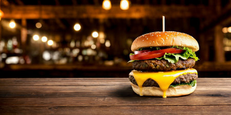 Close-up of a juicy cheeseburger on a wooden table on a kitchen board against a background of a blurred rustic restaurant with dim lighting. Copy space for advertising text. Generative AIの素材