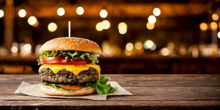 Close-up of a juicy cheeseburger on a wooden table on a kitchen board against a background of a blurred rustic restaurant with dim lighting. Copy space for advertising text. Generative AIの素材