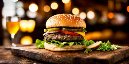 Close-up of a juicy cheeseburger on a wooden table on a kitchen board against a background of a blurred rustic restaurant with dim lighting. Generative AIの素材