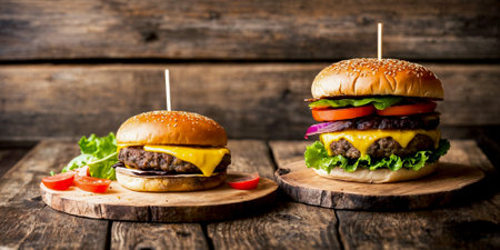 Two juicy cheeseburgers close-up on a wooden table on a kitchen board against a background of a blurred rustic restaurant with dim lighting. Generative AIの素材