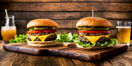 Two juicy cheeseburgers close-up on a wooden table on a kitchen board against a background of a blurred rustic restaurant with dim lighting. Generative AIの素材
