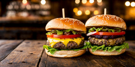 Two juicy cheeseburgers close-up on a wooden table on a kitchen board against a background of a blurred rustic restaurant with dim lighting. Generative AIの素材