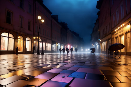 Evening streets of the old town with bright orange lanterns reflecting off the wet cobblestones in the rain with fog and silhouettes of crowds of people with umbrellas and on bicycles. Generative AIの素材