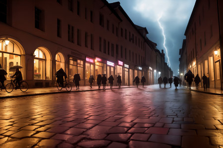 Evening streets of the old town with bright orange lanterns reflecting off the wet cobblestones in a storm with lightning and silhouettes of crowds of people with umbrellas. Generative AIの素材