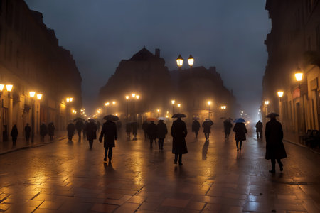 Evening streets of the old town with bright orange lanterns reflecting off the wet cobblestones in the rain with fog and silhouettes of crowds of people with umbrellas and on bicycles. Generative AIの素材