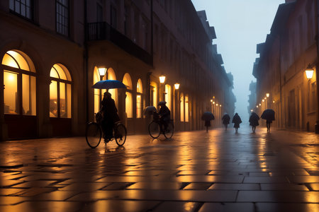 Evening streets of the old town with bright orange lanterns reflecting off the wet cobblestones in the rain with fog and silhouettes of crowds of people with umbrellas and on bicycles. Generative AIの素材