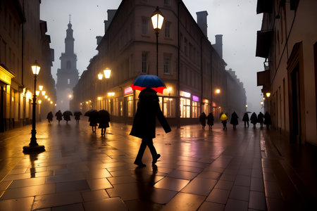 Evening streets of the old town with bright orange lanterns reflecting off the wet cobblestones in the rain with fog and silhouettes of crowds of people with umbrellas and on bicycles. Generative AIの素材