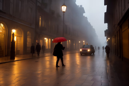 Evening streets of the old town with bright orange lanterns reflecting off the wet cobblestones in the rain with fog and silhouettes of crowds of people with umbrellas and on bicycles. Generative AIの素材