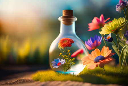 Natural colorful wild flowers growing in a closed glass bottle or jar outside on the grass on a sunny day. Botanical terrarium with its own ecosystem. Ecological idea to save the Earth. Generative AIの素材