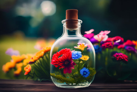 Natural colorful wildflowers growing in a closed glass bottle or jar outside on the grass. dramatic light. Botanical terrarium with its own ecosystem. Ecological idea to save the Earth. Generative AIの素材