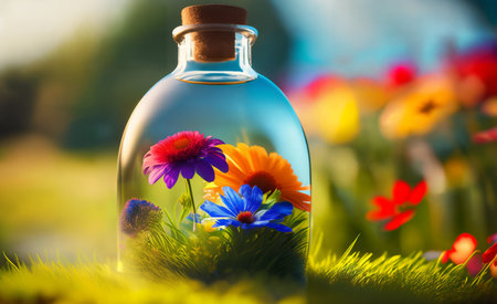 Natural flowers growing in a glass bottle or jar outside on the grass on a sunny day. Botanical terrarium with its own ecosystem. The concept of air pollution and environmental ecology. Generative AIの素材
