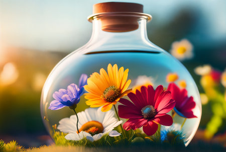 Natural colorful wild flowers growing in a closed glass bottle or jar outside on the grass on a sunny day. Botanical terrarium with its own ecosystem. Ecological idea to save the Earth. Generative AIの素材