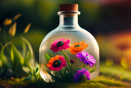 Natural flowers grow in a glass bottle or jar outside on the grass. dramatic light. Botanical terrarium with its own ecosystem. The concept of air pollution and environmental ecology. Generative AIの素材