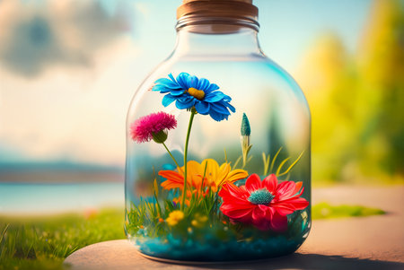 Natural flowers growing in a glass bottle or jar outside on the grass on a sunny day. Botanical terrarium with its own ecosystem. The concept of air pollution and environmental ecology. Generative AIの素材