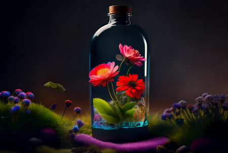 Natural colorful wildflowers growing in a closed glass bottle or jar outside on the grass. dramatic light. Botanical terrarium with its own ecosystem. Ecological idea to save the Earth. Generative AIの素材