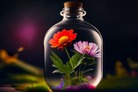 Natural flowers grow in a glass bottle or jar outside on the grass. dramatic light. Botanical terrarium with its own ecosystem. The concept of air pollution and environmental ecology. Generative AIの素材