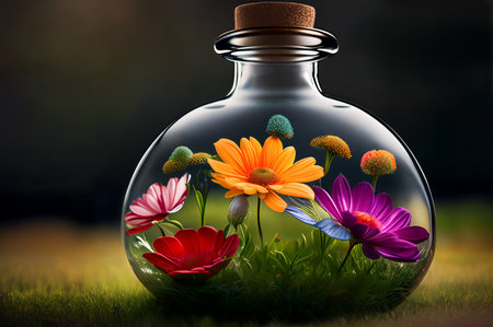 Natural colorful wildflowers growing in a closed glass bottle or jar outside on the grass. dramatic light. Botanical terrarium with its own ecosystem. Ecological idea to save the Earth. Generative AIの素材