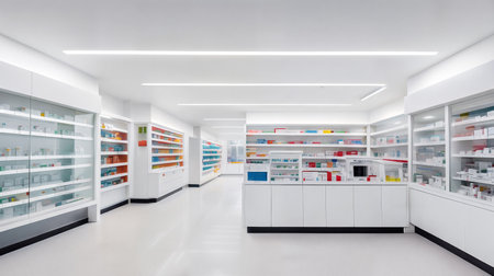 Modern interior of a large, spacious, empty light pharmacy. Generative AIの素材