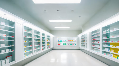Modern interior of a large, spacious, empty light pharmacy. Generative AIの素材