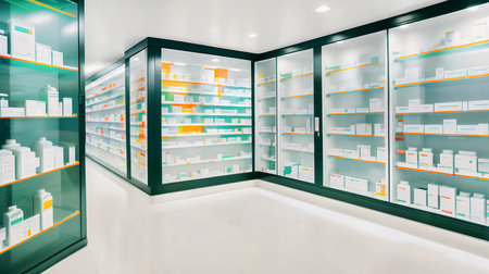 Modern interior of an empty light pharmacy. Generative AIの素材