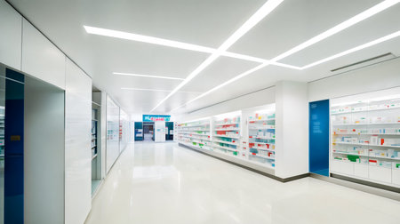 Modern interior of a large, spacious, empty light pharmacy. Generative AIの素材
