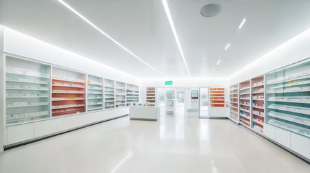 Modern interior of a large, spacious, empty light pharmacy. Generative AIの素材
