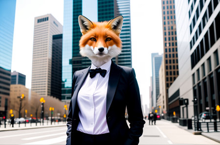 The fox is dressed in a formal suit on the body of a business woman against the background of the streets of a big city with skyscrapers. Concept of successful cunning businesswoman. Generative AIの素材