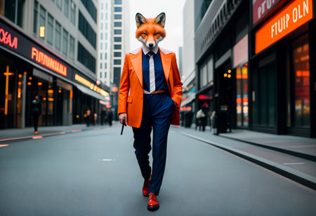 The fox is dressed in a formal suit on the body of a business woman against the background of the streets of a big city with skyscrapers. Concept of successful cunning businesswoman. Generative AIの素材