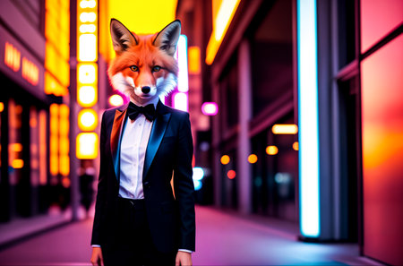The fox is dressed in a formal suit on the body of a business woman against the background of the streets of a big city with skyscrapers. Concept of successful cunning businesswoman. Generative AIの素材