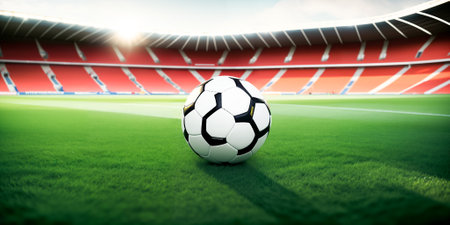 A football ball lies on a field or green grass lawn on the background of the stadium stands. Empty space for advertising text. Generative AIの素材