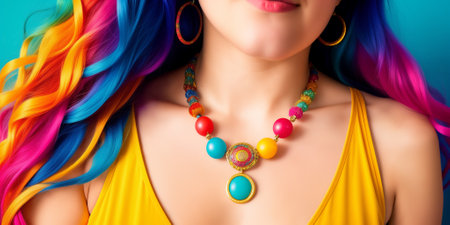 Young cute beautiful girl close-up with bright wavy or curly rainbow multicolored hair and necklace on color background. Generative AIの素材