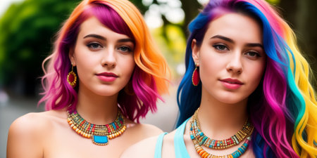 Young cute beautiful girl close-up with bright wavy or curly rainbow multicolored hair and necklace on color background. Generative AIの素材