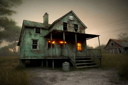 An old abandoned broken wooden house in the middle of the forest like a scene from a western movie. Concept of horror with ghosts. Generative AIの素材
