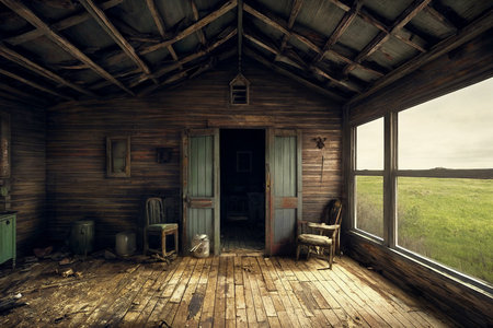 An old abandoned broken wooden house in the middle of the forest like a scene from a western movie. Concept of horror with ghosts. Generative AIの素材