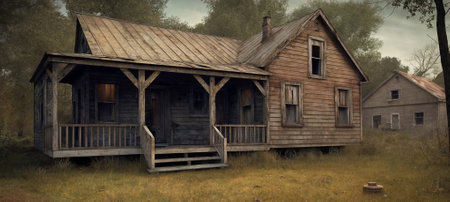 An old abandoned broken wooden house in the middle of the forest like a scene from a western movie. Concept of horror with ghosts. Generative AIの素材